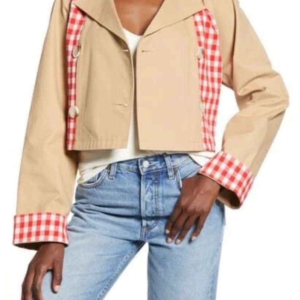 English Factory Red Checkered Cropped Trench
